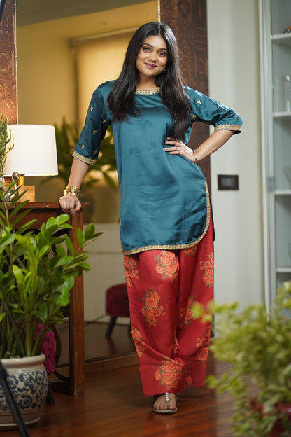 Olive Green and Red Farshi Shalwar set || Reena