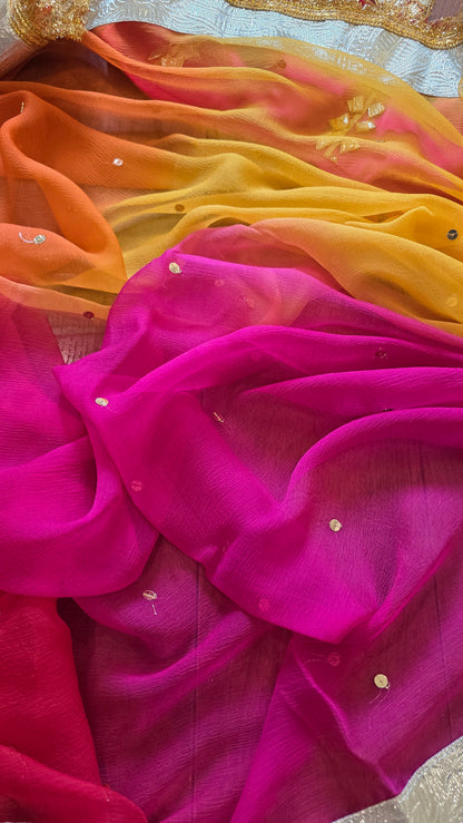 DIamond Chiffon Multi colour Saree with Lampi Border and Kirna Lace + Angi Blouse with Gota work || RangRasia