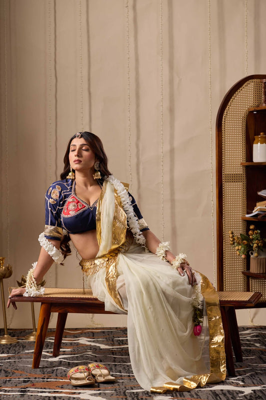 White Pure Diamond Chiffon Saree + Ready to wear Aangi Blouse || Shakuntala