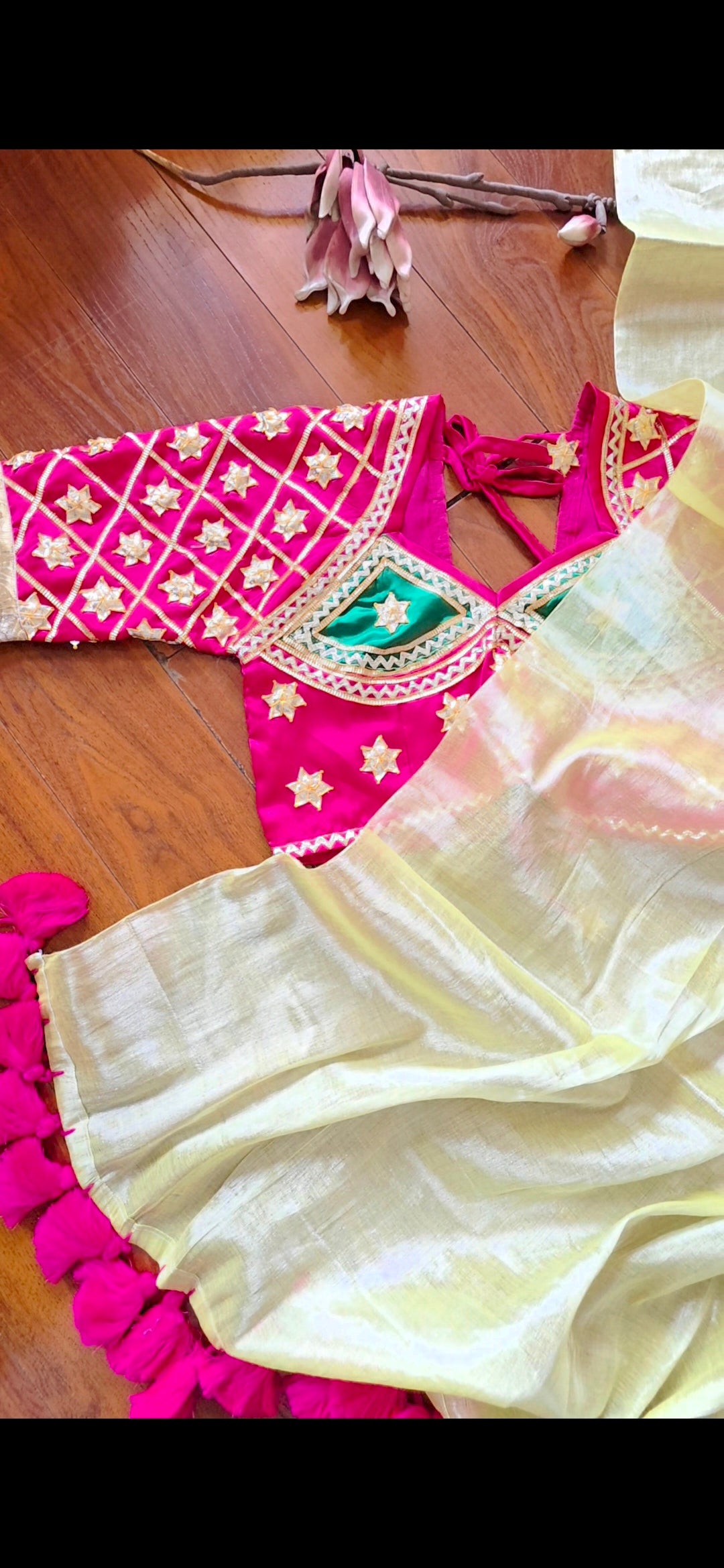 Lemon Yellow Tissue saree with Tussle + Pink Angi Blouse with Gota work