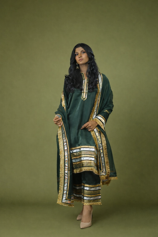 Green & Golden suit with Organza Dupatta | Panna | Ethnic Saroj
