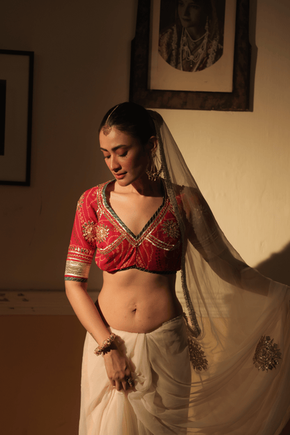 Red Bandhni Aangi Blouse with intricate Lace and Got Work || Kiran