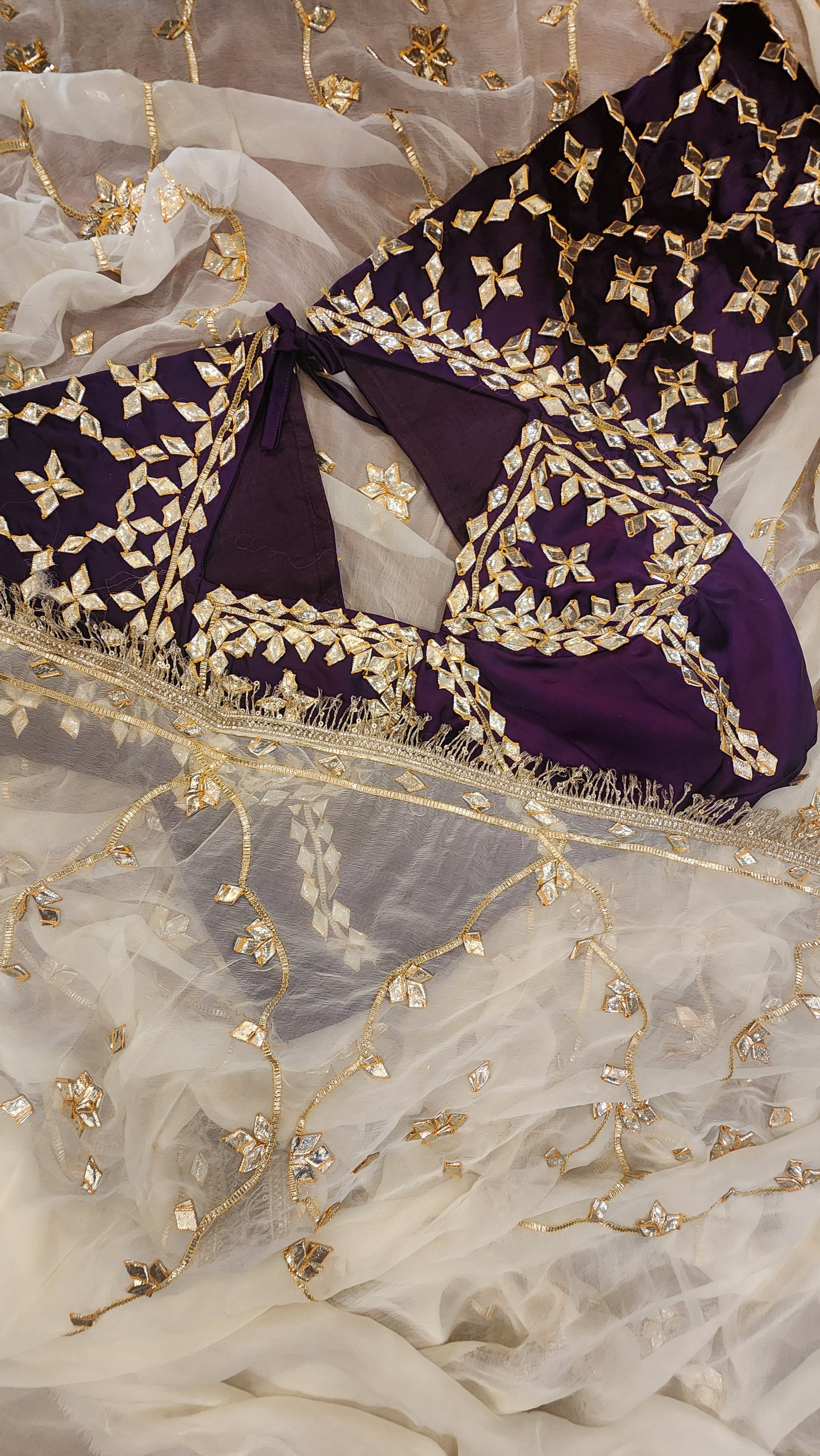 Y U V I N I   || Pure Chiffon Saree with Ready to wear Angi Blouse Gota Patti