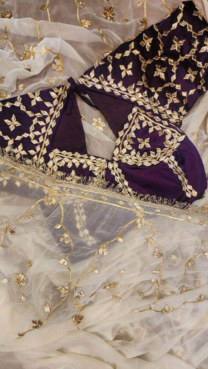 Y U V I N I   || Pure Chiffon Saree with Ready to wear Angi Blouse Gota Patti