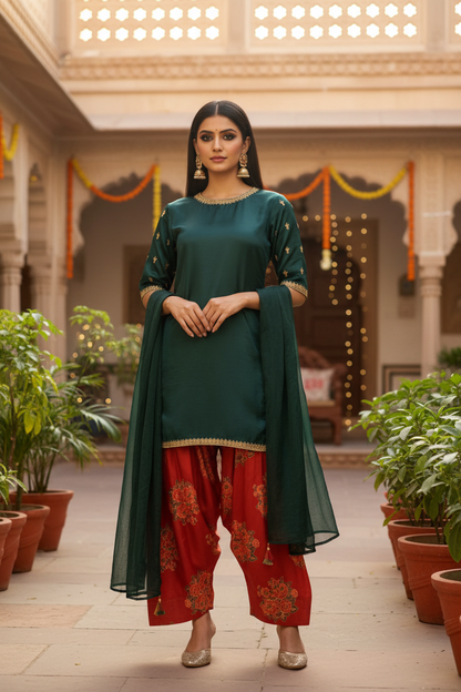 Olive Green and Red Farshi Shalwar set || Reena