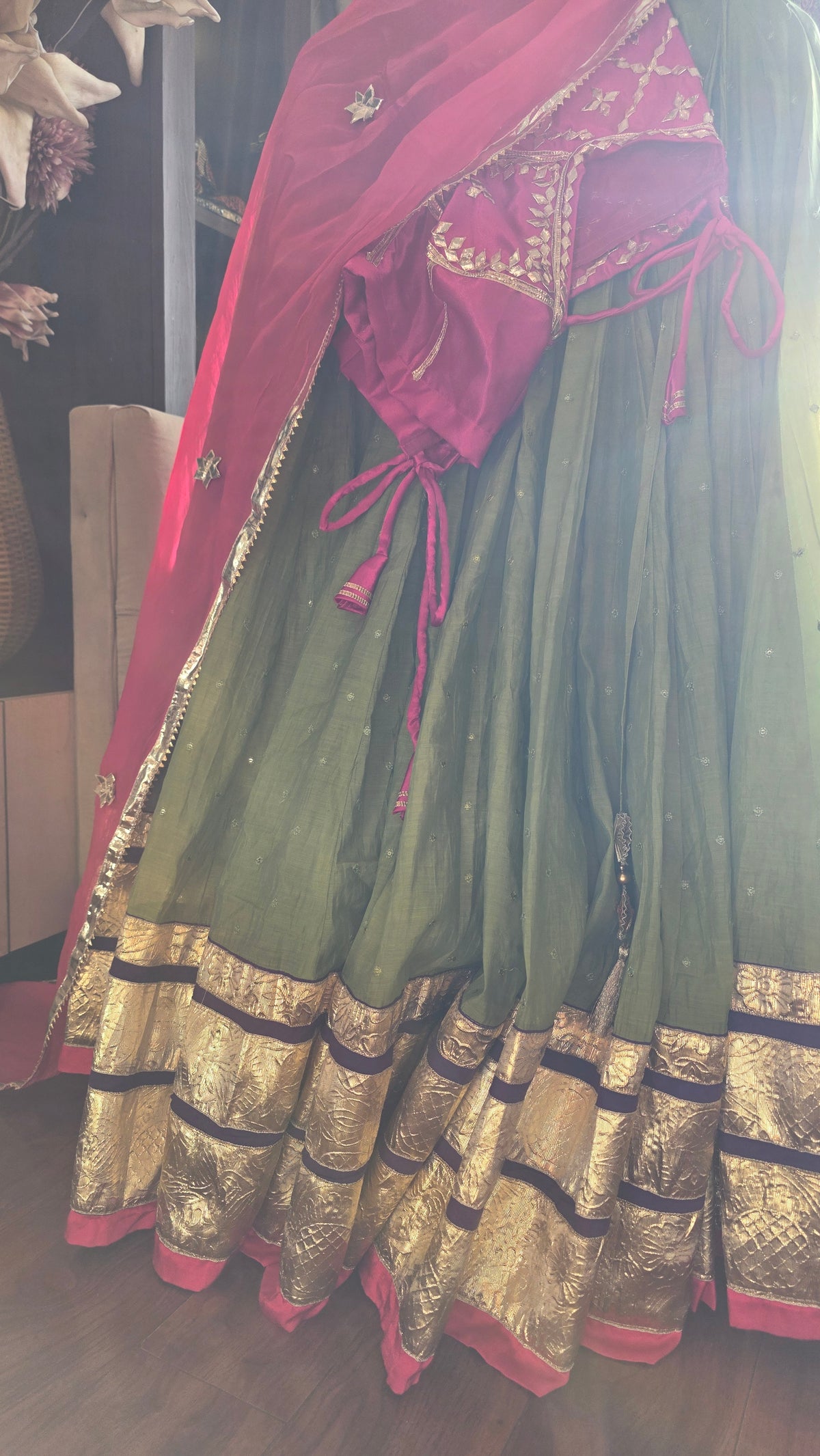 Pink Mull Chanderi 80 Kali Ghaghra Choli Set with Aangi