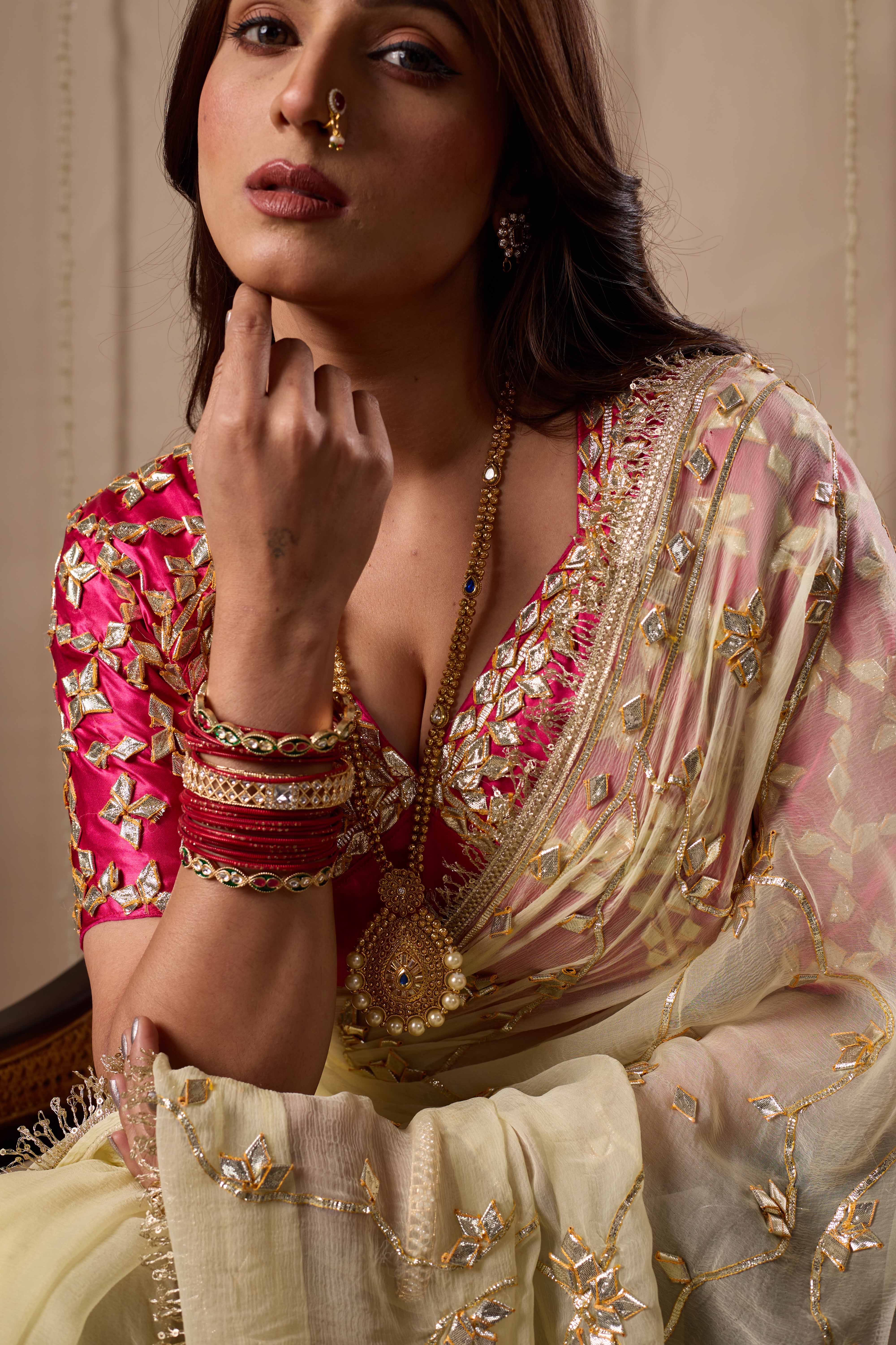 Pink Fuschia Aangi Blouse without with Intricate Gota Patti Work || Hema