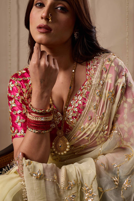Pink Fuschia Aangi Blouse without with Intricate Gota Patti Work || Hema