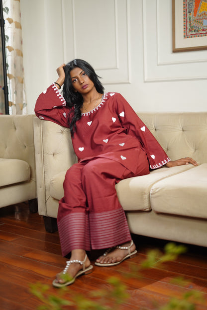 Maroon Heart Embroided Oversized Farshi Salwar Set || Dhadkan