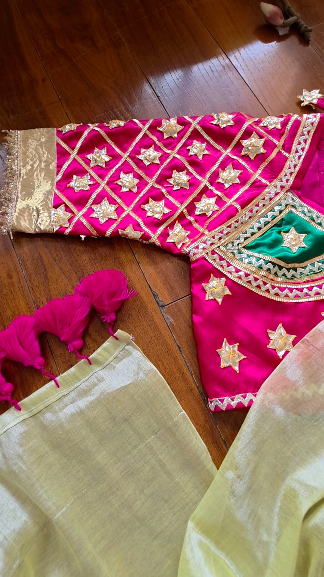 Lemon Yellow Tissue saree with Tussle + Pink Angi Blouse with Gota work