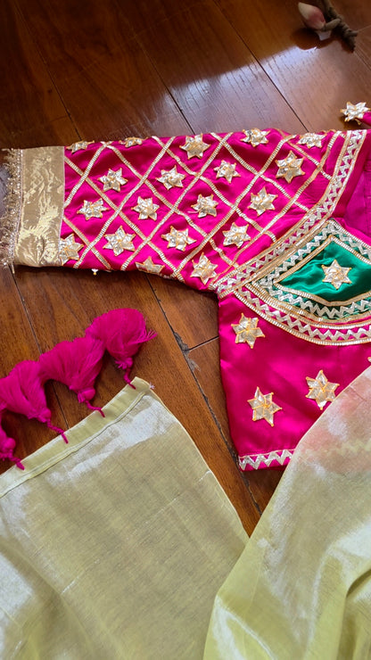 Lemon Yellow Tissue saree with Tussle + Pink Angi Blouse with Gota work