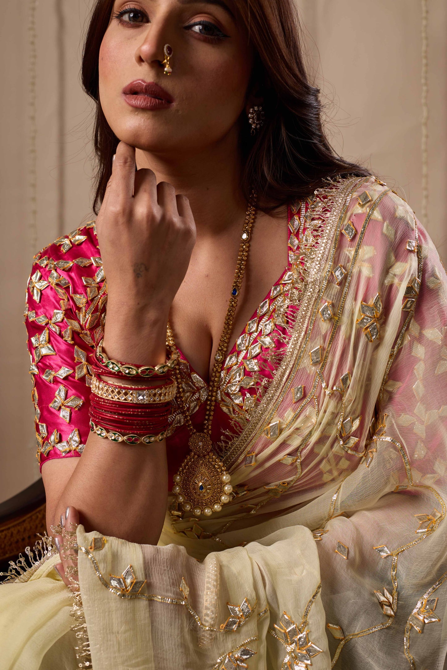 Pure Diamond Chiffon Saree with Gota Patti & Aangi Blouse Combo || Husna