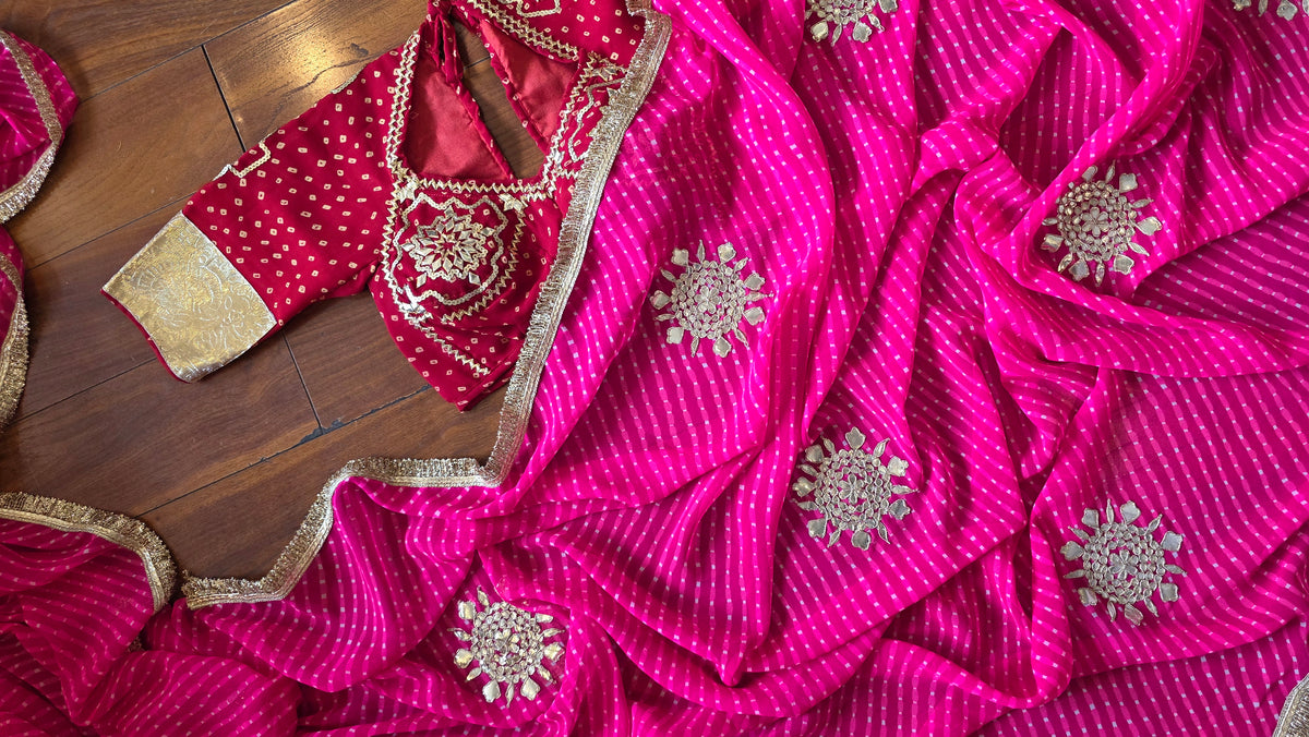 Gota Patti Lahariya Mothra Saree with Red Sequence work Aangi || Khusboo