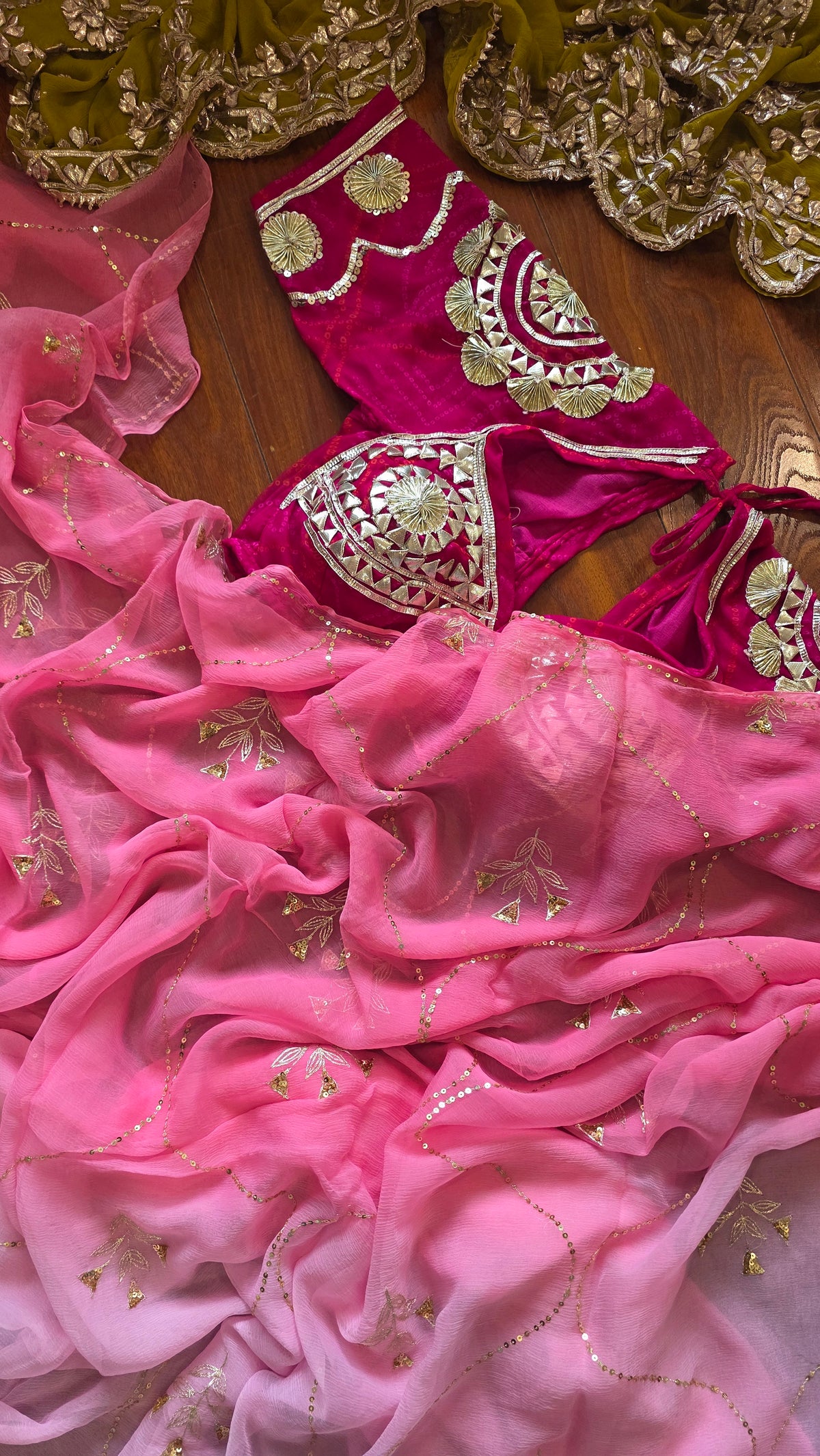 Pure Diamond Chiffon Saree +  Heavy work Aangi - Ghulabi Thand