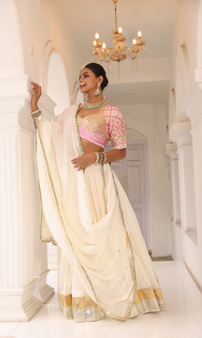 White Mull Chanderi 80 Kali Ghaghra Choli Set  || Safeda