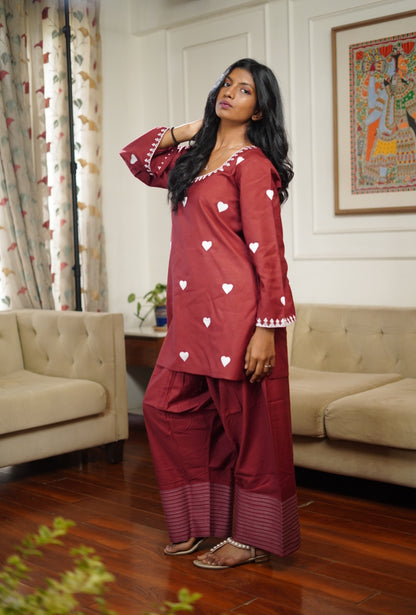 Maroon Heart Embroided Oversized Farshi Salwar Set || Dhadkan
