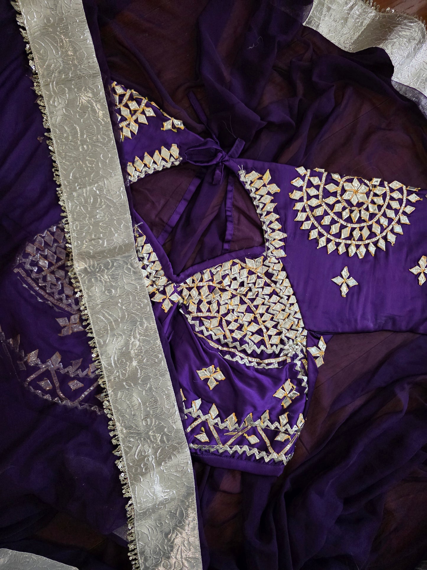 DIamond Chiffon Purple Saree with Lampi Border and Kirna Lace + Angi Blouse with Gota work || Albeli