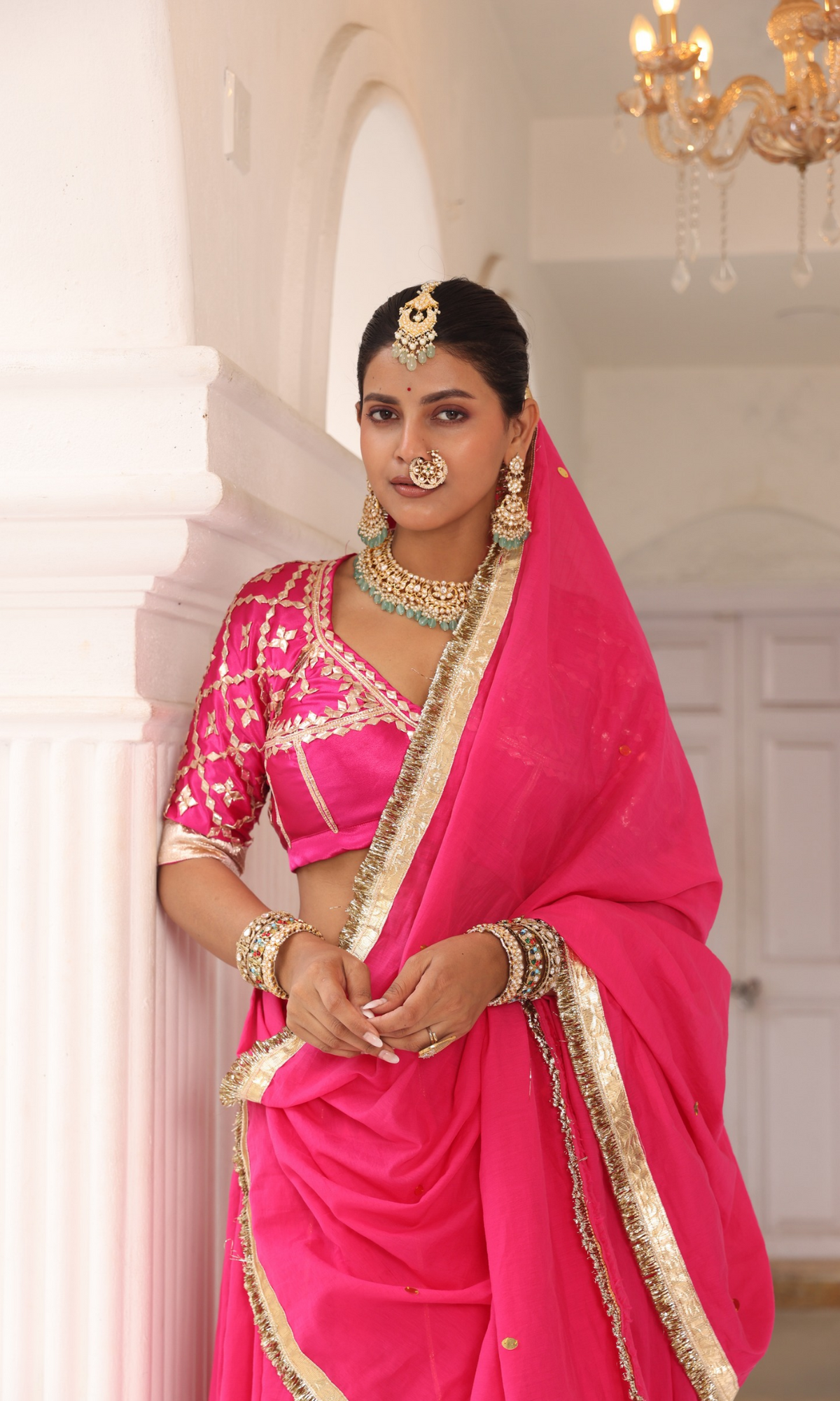 Pink Mull Chanderi 80 Kali Ghaghra Choli Set with Aangi