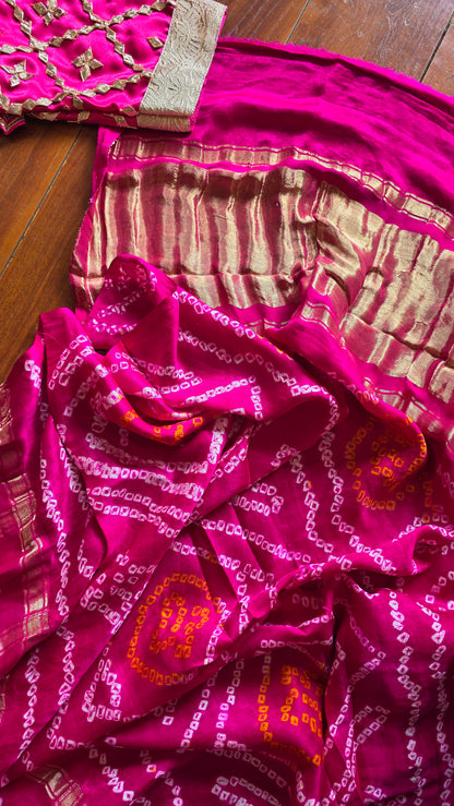 Hot pink Bandhej Pure Gajji Silk saree with Aangi  || Gulabi Jaipur