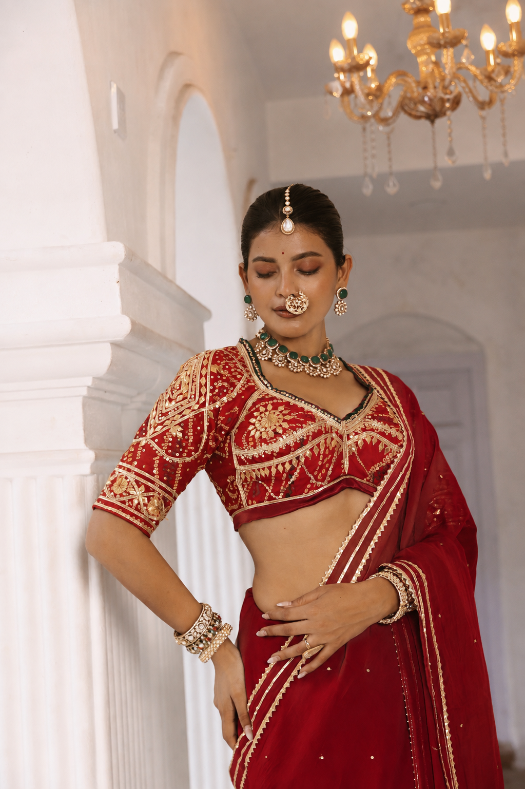 Red Gota Patti Saree + Aangi || Sindoor