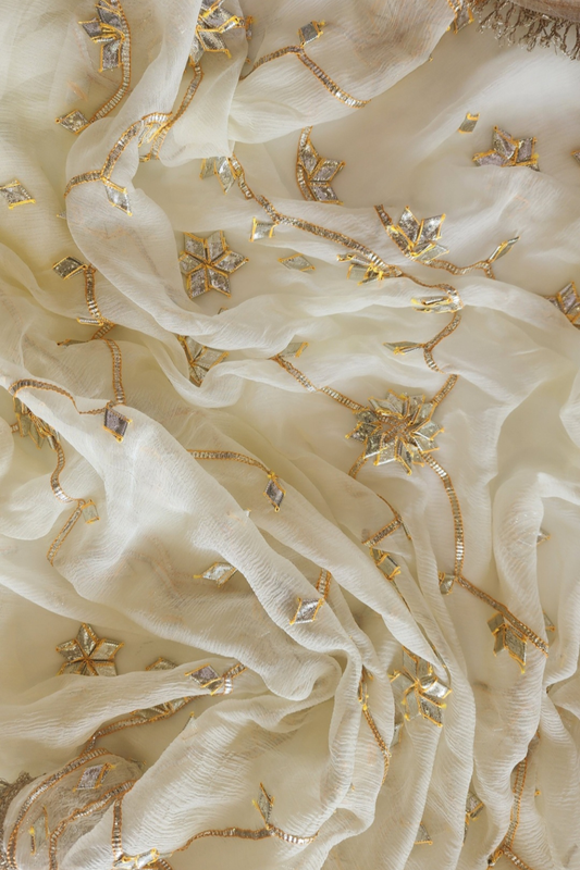H U S N A  || Chiffon Saree with Gota Patti Work ( Running off white Unstiched Blouse )