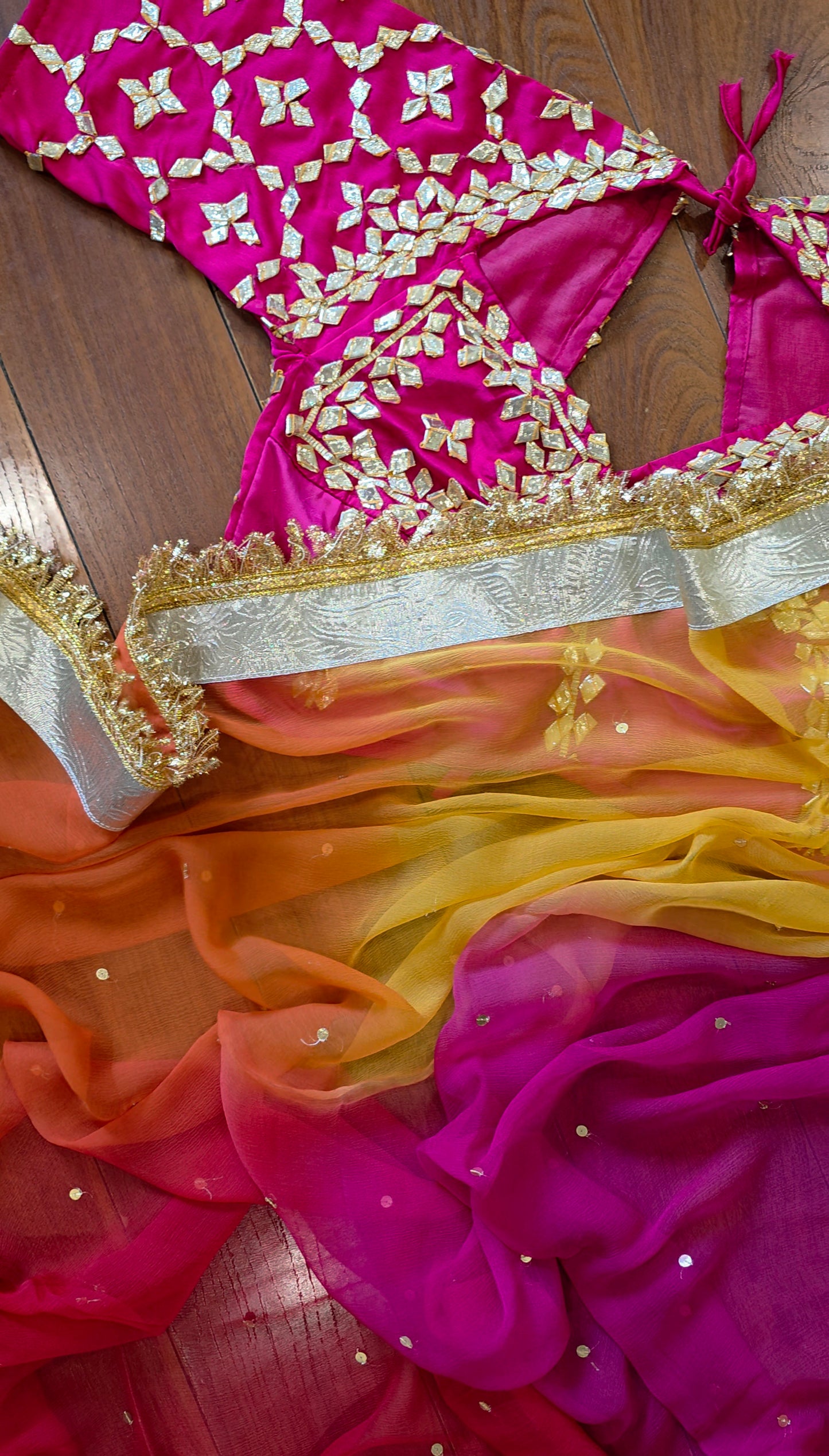 DIamond Chiffon Multi colour Saree with Lampi Border and Kirna Lace + Angi Blouse with Gota work || RangRasia