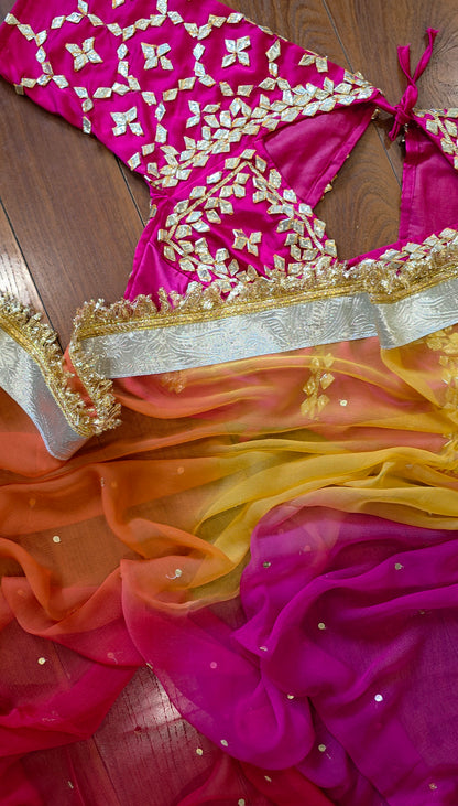 DIamond Chiffon Multi colour Saree with Lampi Border and Kirna Lace + Angi Blouse with Gota work || RangRasia