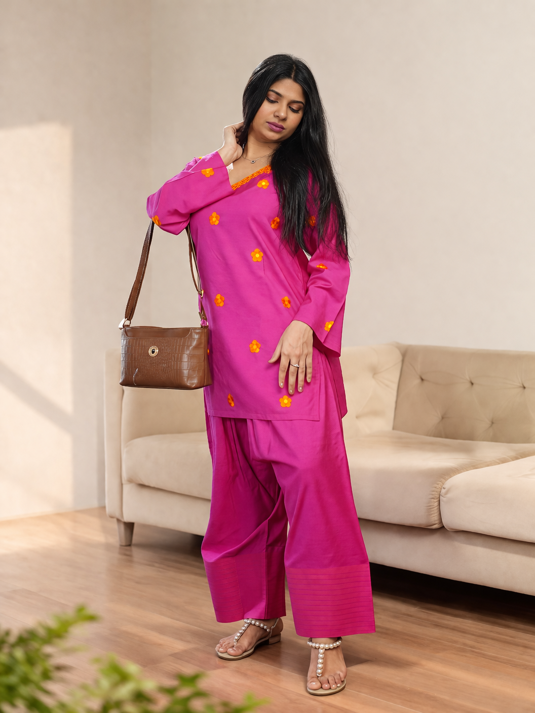 Fushia Pink Flower embroided Farshi Shalwar set