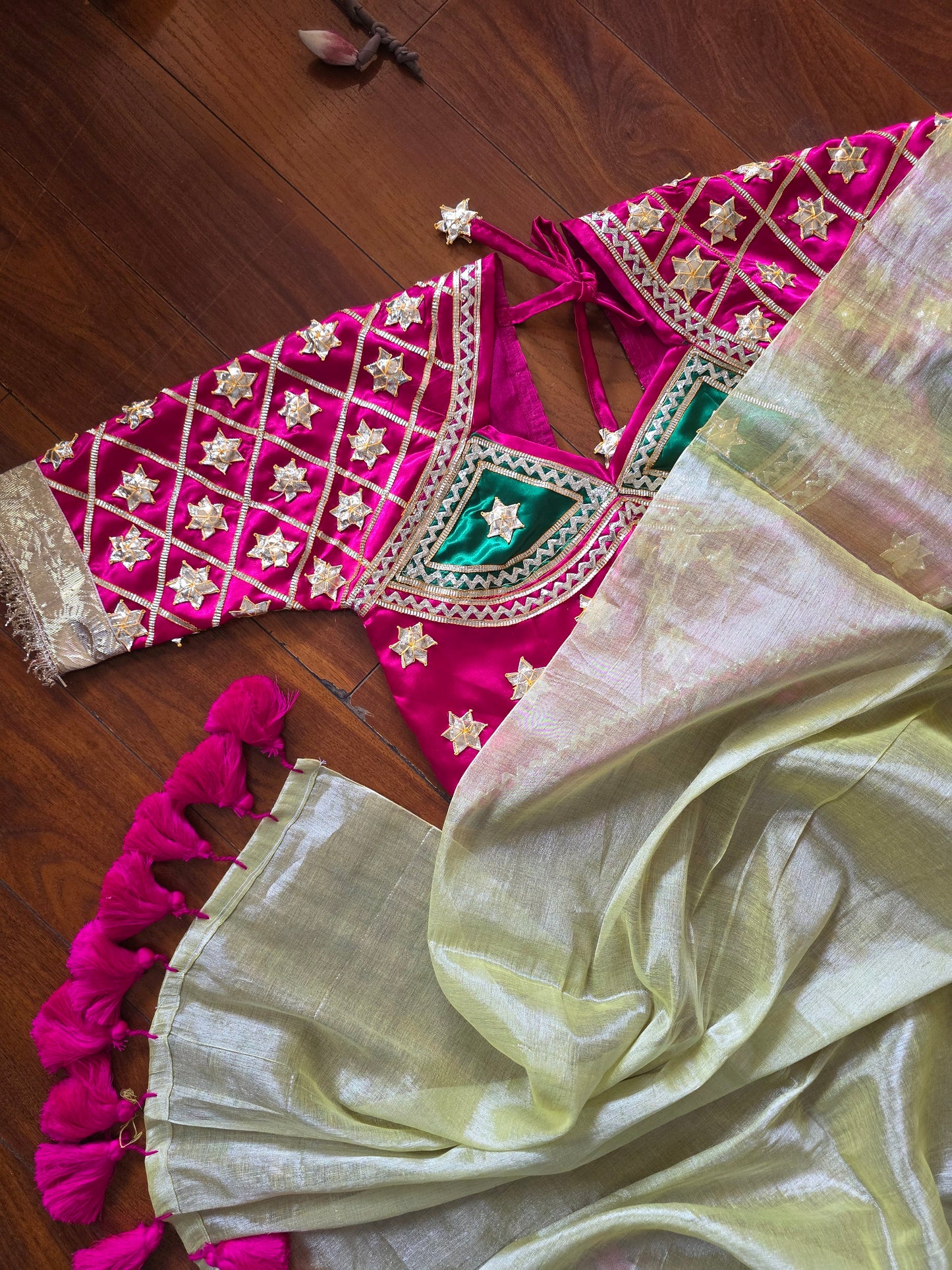 Lemon Yellow Tissue saree with Tussle + Pink Angi Blouse with Gota work