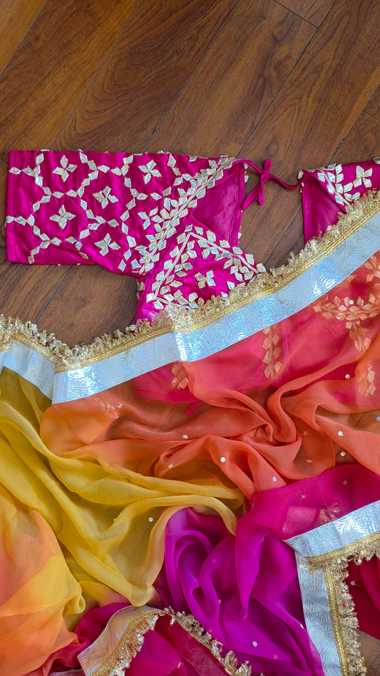 DIamond Chiffon Multi colour Saree with Lampi Border and Kirna Lace + Angi Blouse with Gota work || RangRasia