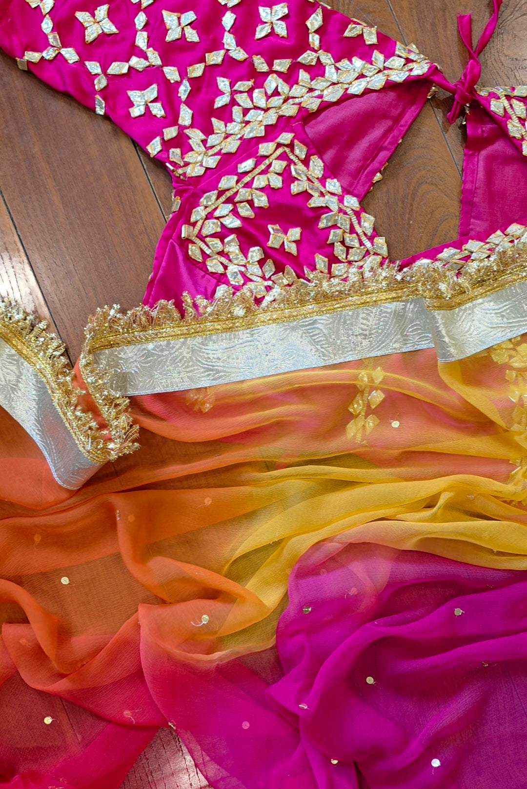 DIamond Chiffon Multi colour Saree with Lampi Border and Kirna Lace + Angi Blouse with Gota work || RangRasia
