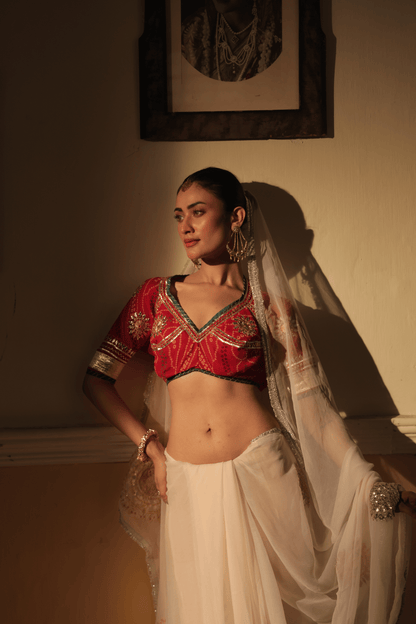 Red Bandhni Aangi Blouse with intricate Lace and Got Work || Kiran