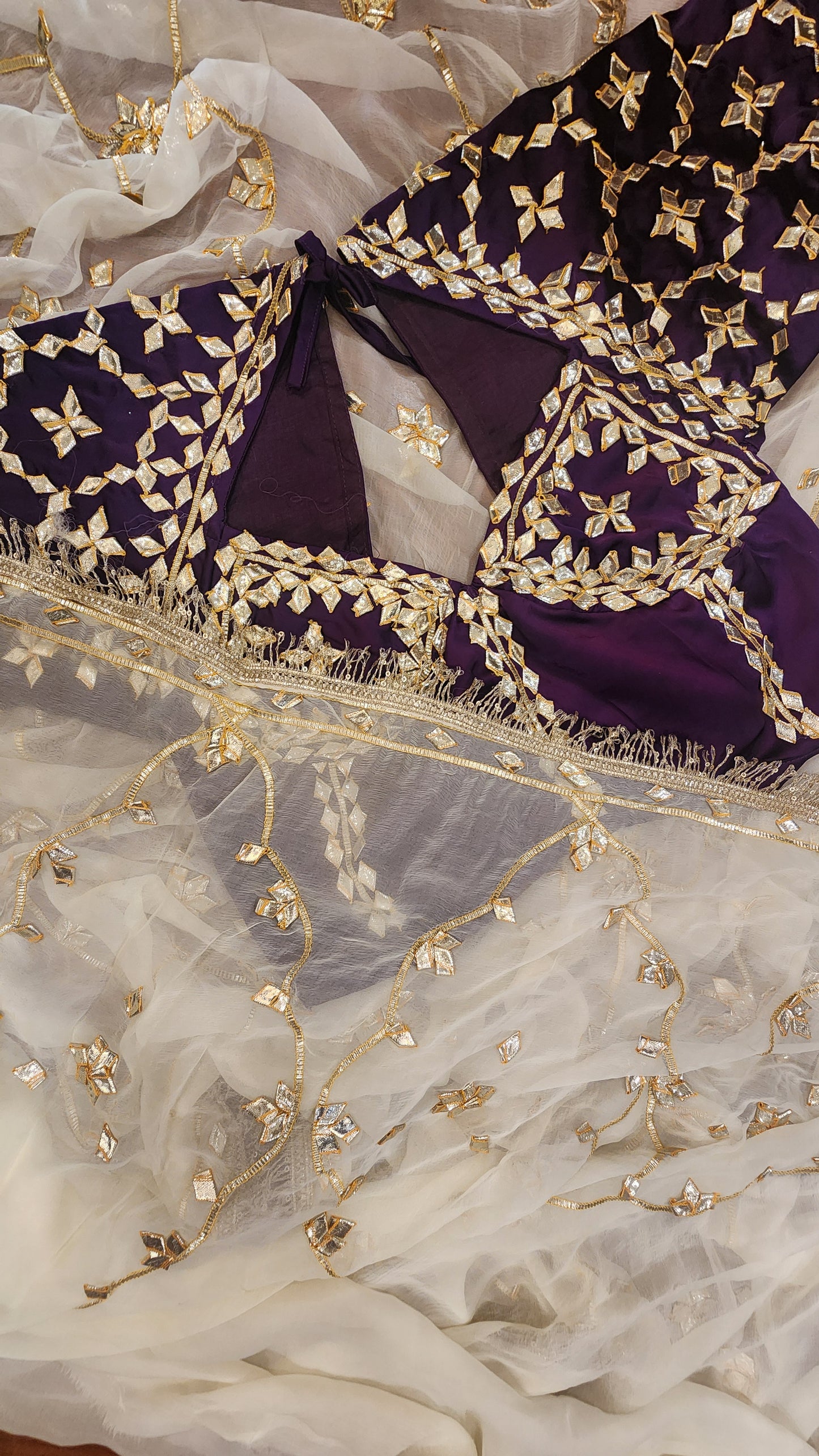 Y U V I N I   || Pure Chiffon Saree with Ready to wear Angi Blouse Gota Patti