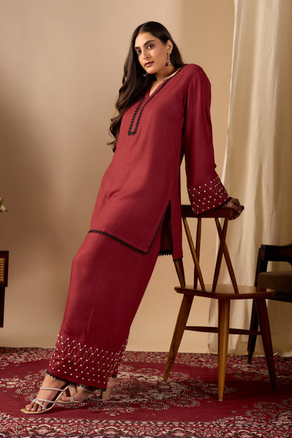 Maroon oversized Farshi Shalwar set with Pearl work