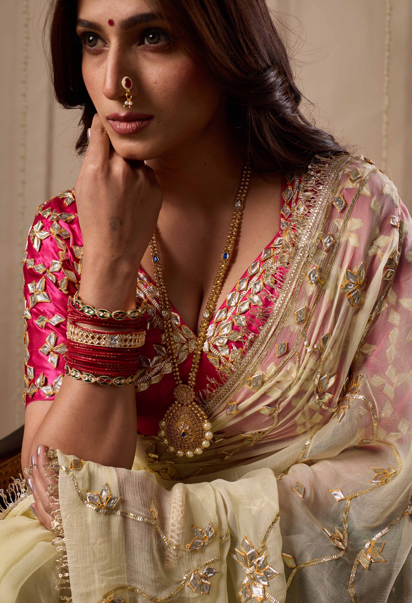 Pink Fuschia Aangi Blouse with Intricate Gota Patti Work || Hema