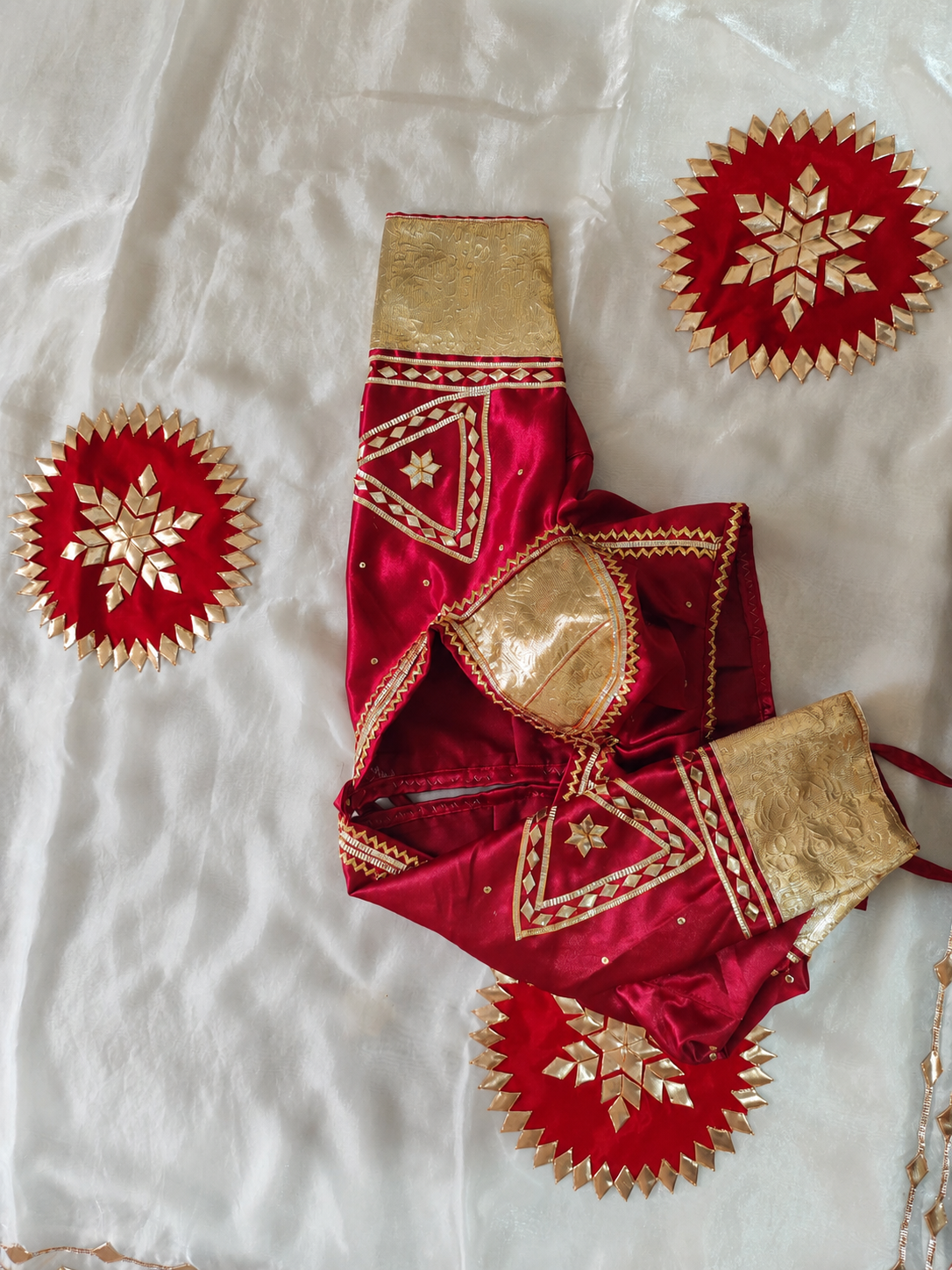 Red and Golden Aangi Blouse with Sequence and Gota Work