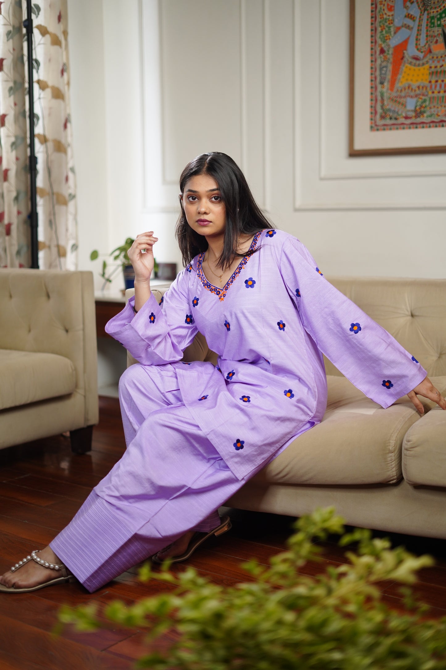 Purple Oversized Farshi Shalwar with flower motif || Lily