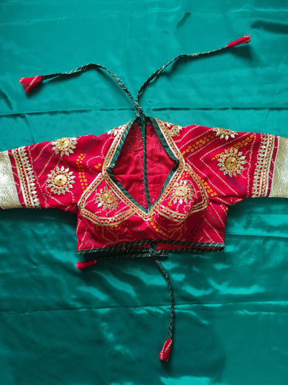 Pure gajji Silk Rai Bandhej  Saree + Ready to wear Bandhni Aangi Blouse || Teejh
