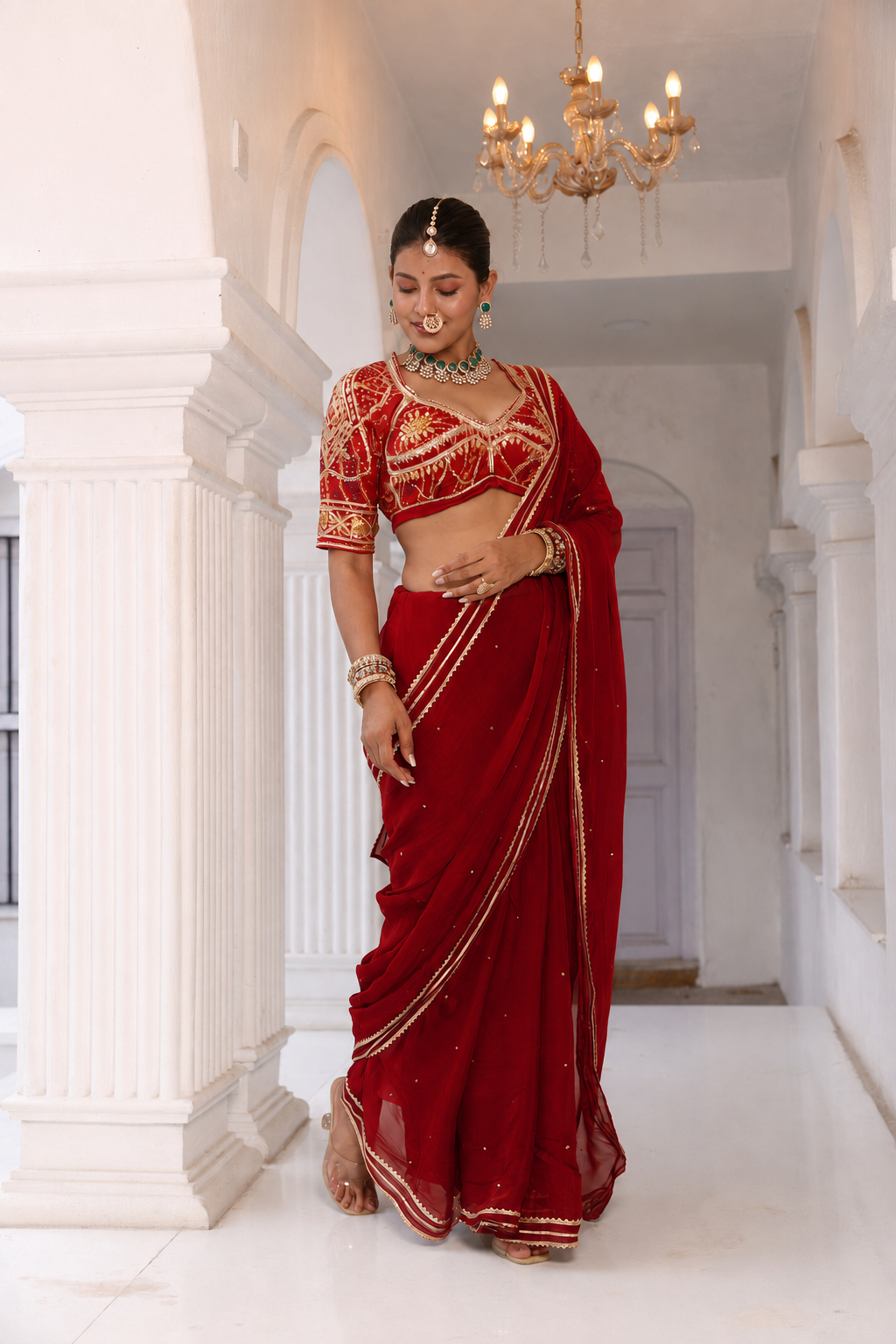 Red Gota Patti Saree + Aangi || Sindoor