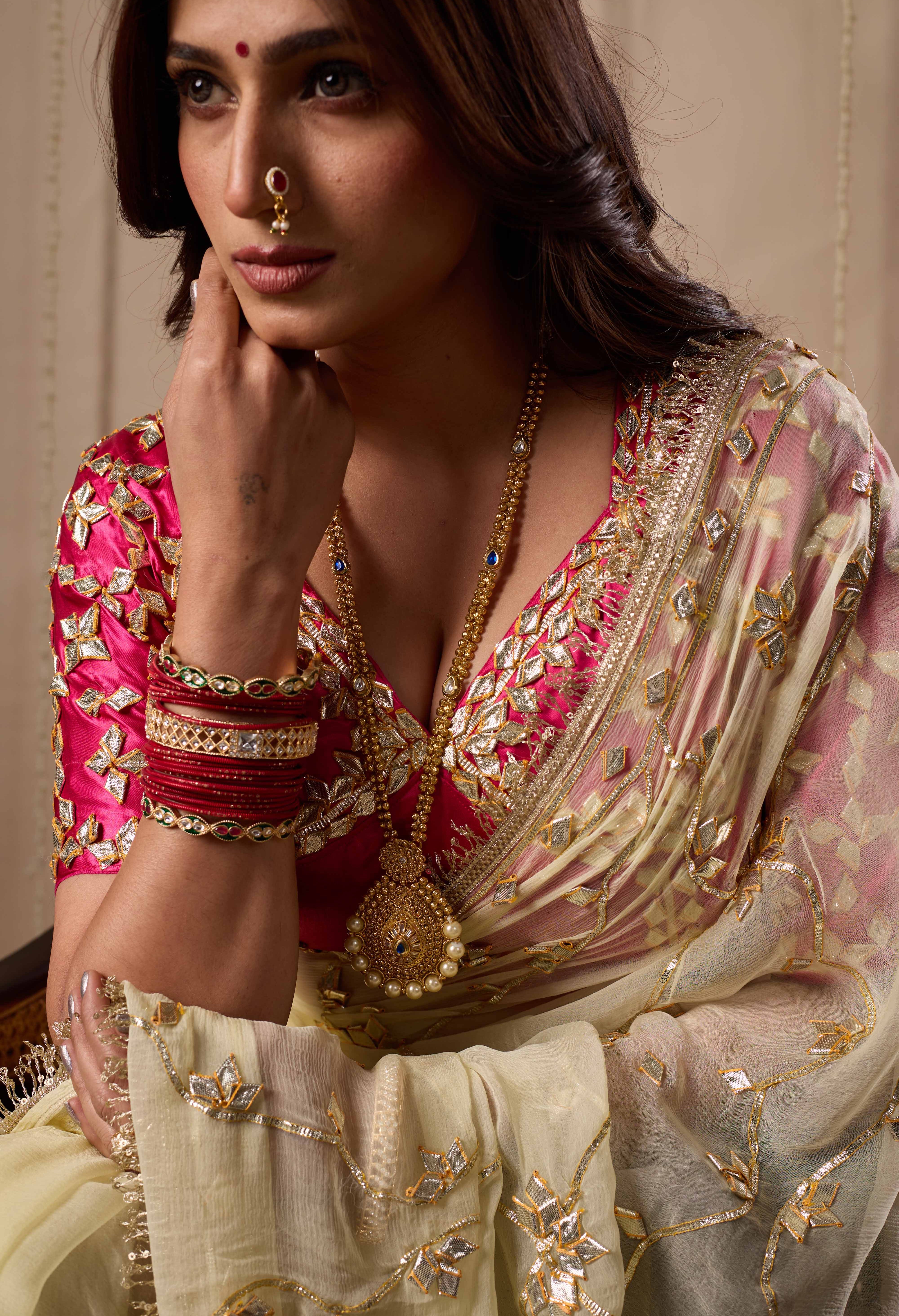 Pure Diamond Chiffon Saree with Gota Patti & Aangi Blouse Combo || Husna