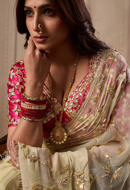 Pure Diamond Chiffon Saree with Gota Patti & Aangi Blouse Combo || Husna