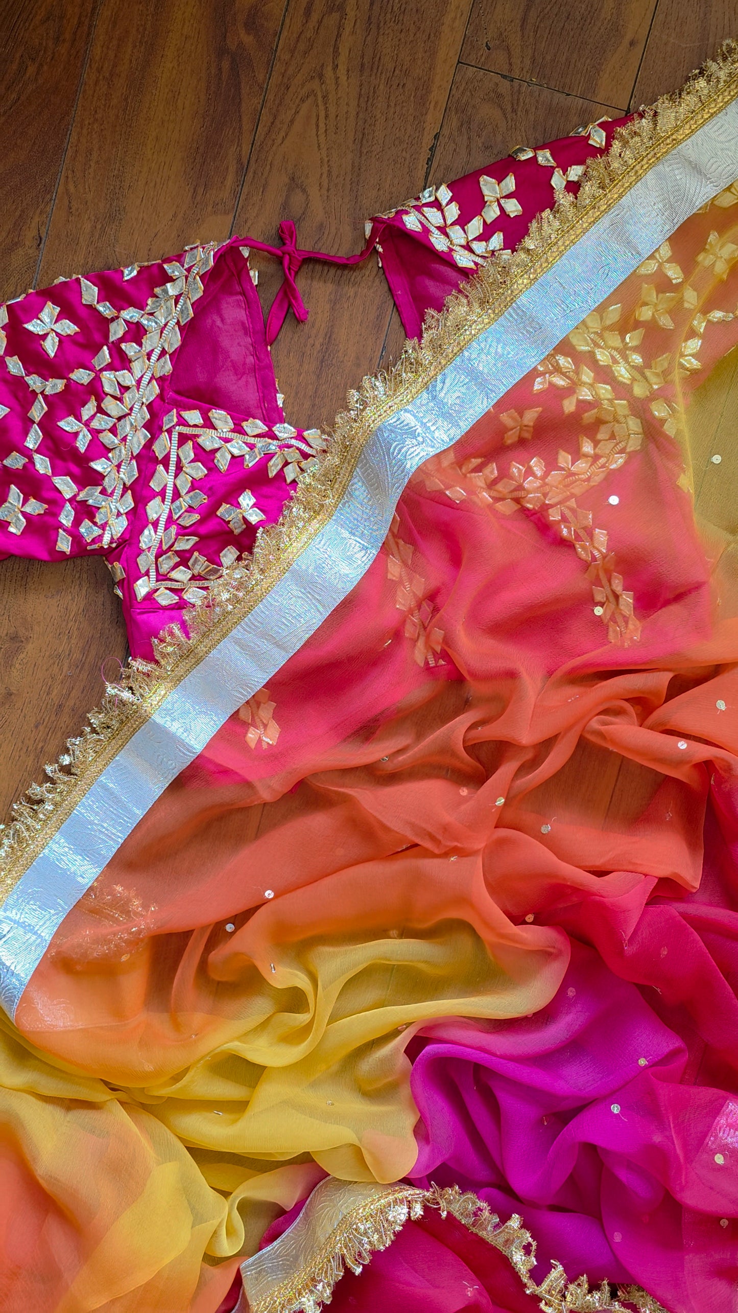 DIamond Chiffon Multi colour Saree with Lampi Border and Kirna Lace + Angi Blouse with Gota work || RangRasia
