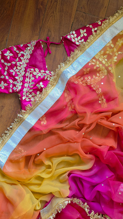 DIamond Chiffon Multi colour Saree with Lampi Border and Kirna Lace + Angi Blouse with Gota work || RangRasia