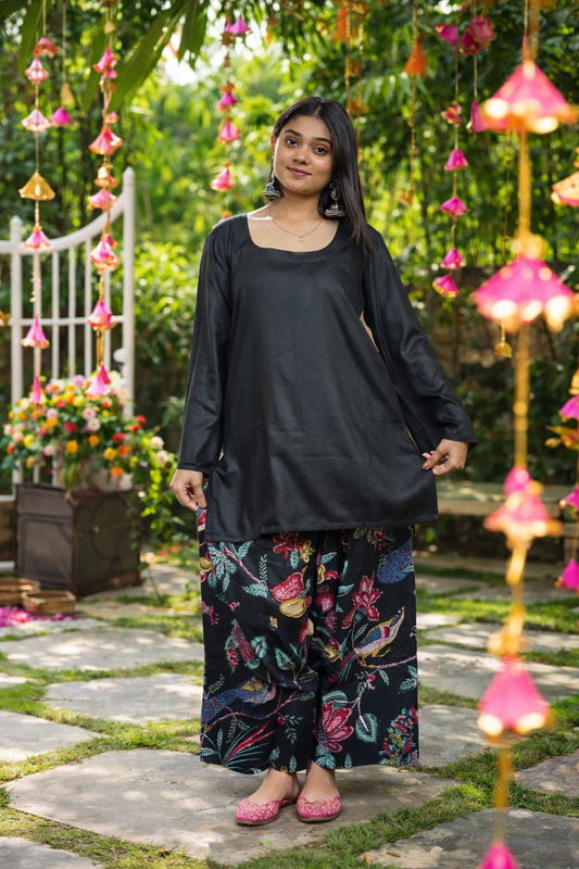 Black Plain Farshi kurta with printed cotton Black Farshi Shalwar set || Parvati