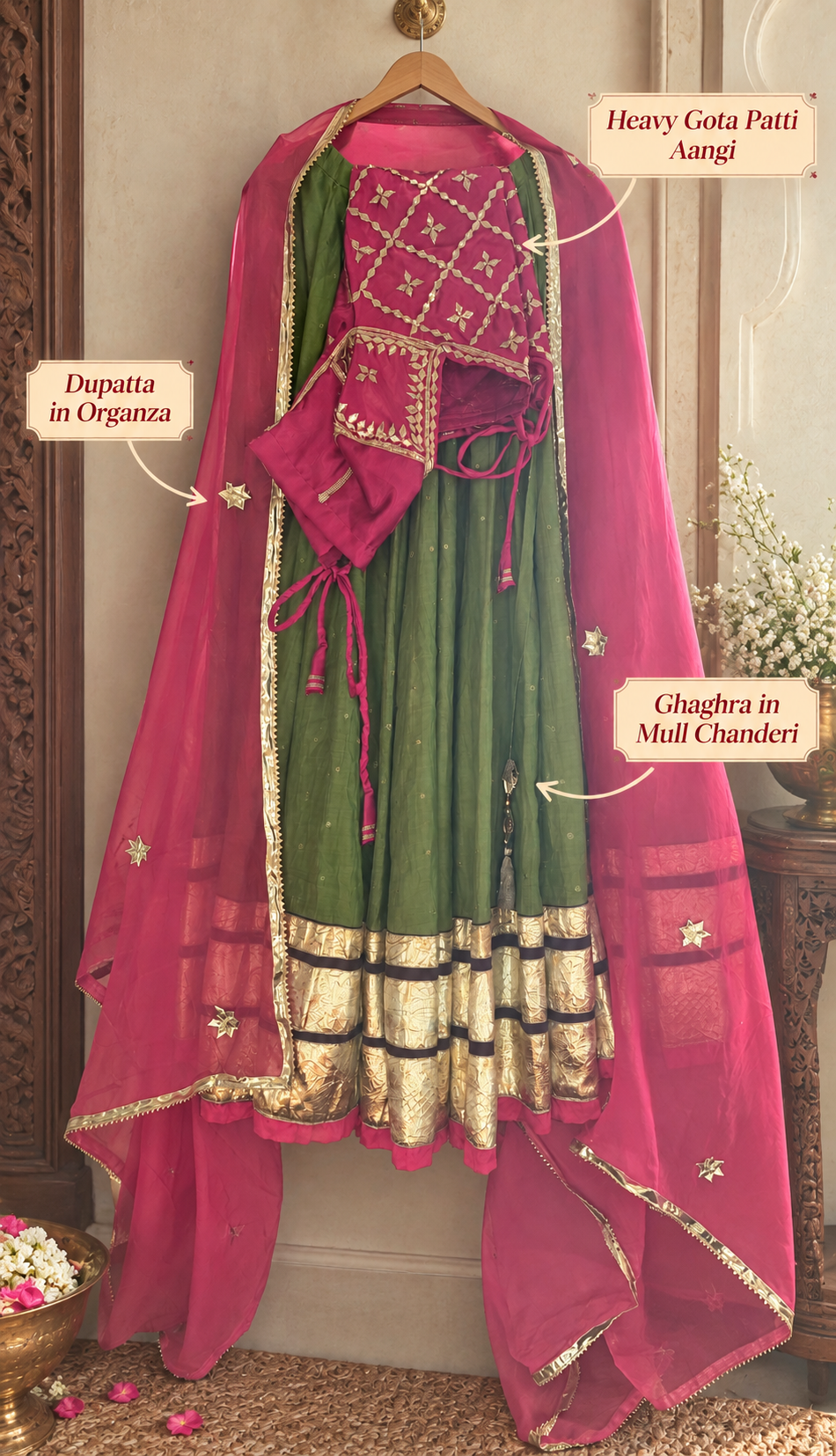 Pink Mull Chanderi 80 Kali Ghaghra Choli Set with Aangi