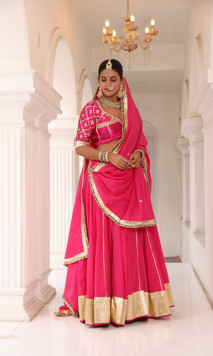 Pink Mull Chanderi 80 Kali Ghaghra Choli Set with Aangi
