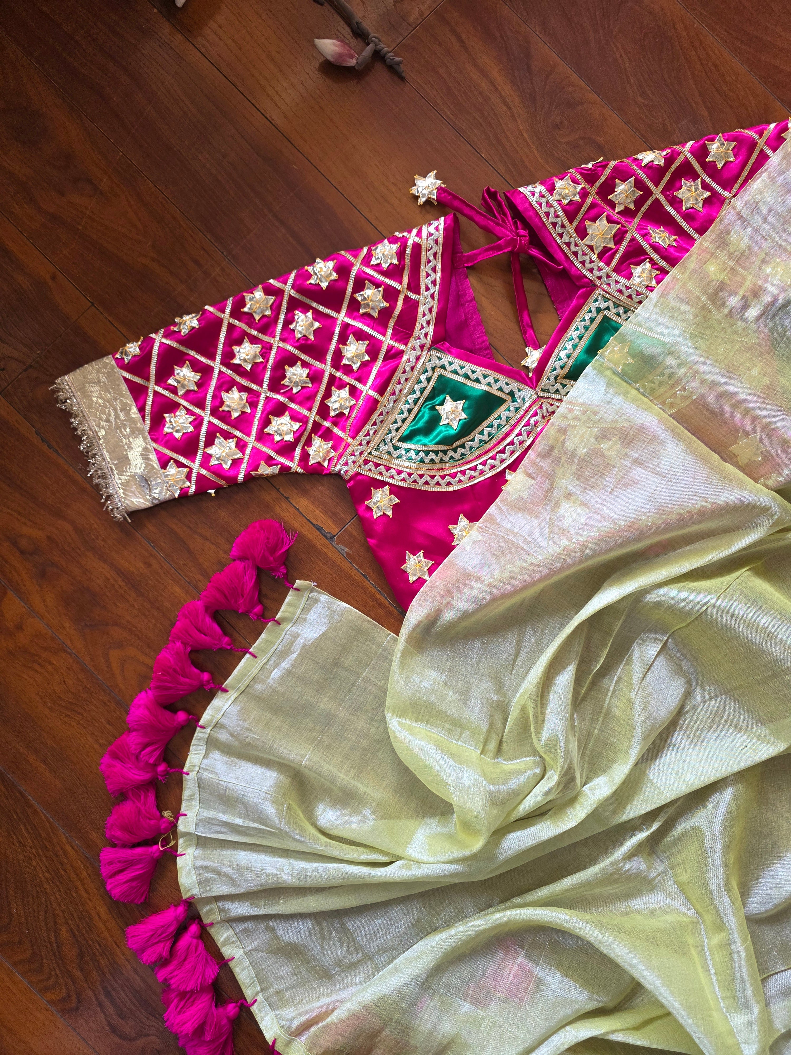 Lemon Yellow Tissue saree with Tussle + Pink Angi Blouse with Gota work