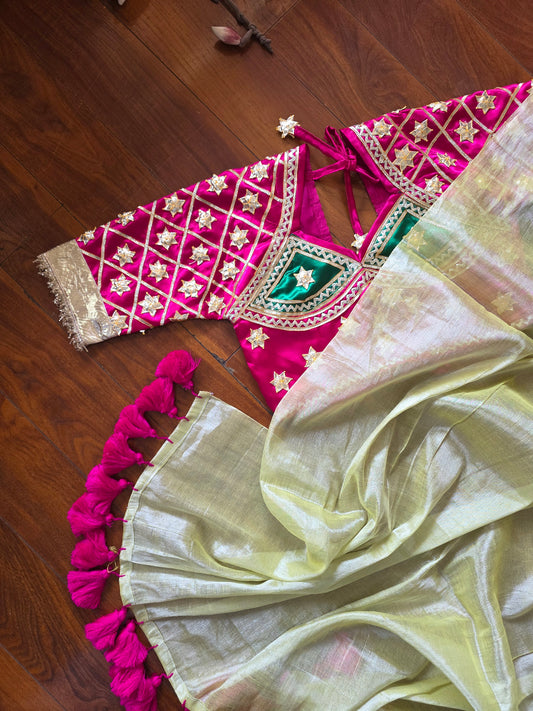 Lemon Yellow Tissue saree with Tussle + Pink Angi Blouse with Gota work