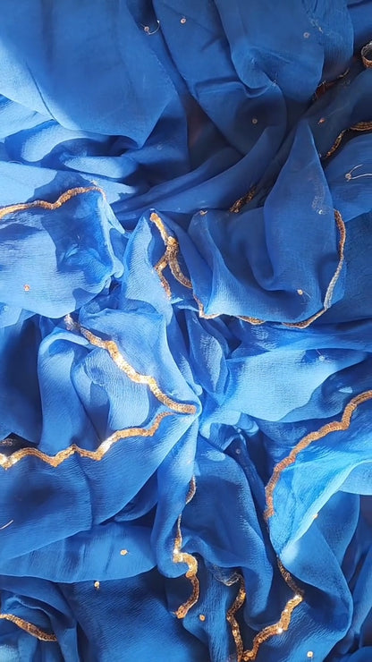 Blue Diamond Chiffon Saree + Sequence and Gota Blouse Combo || Blue Lagoon