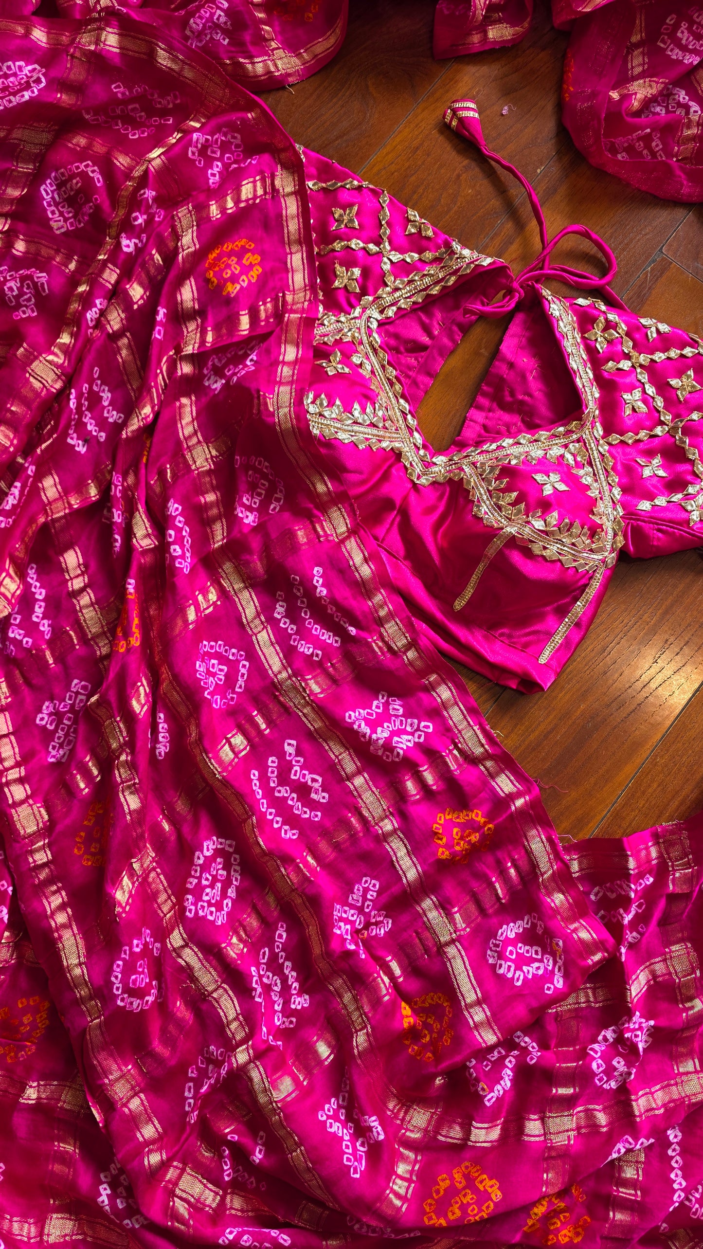 Hot pink Bandhej Pure Gajji Silk saree with Aangi  || Gulabi Jaipur